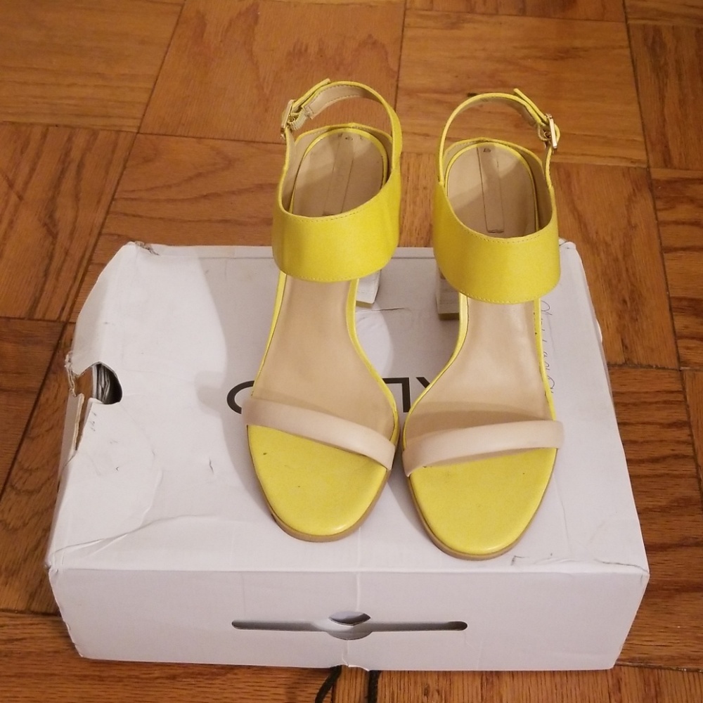 Yellow white and nude chunky heel Aldo sandal